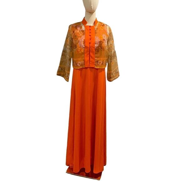 Vintage 70s Orange Maxi Dress Lily Lynn Floral sheer jacket Union USA Made size - Picture 1 of 15